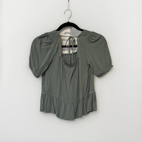 SO Green Square Neck Puff Sleeve Peplum Tie Back Top Women's XS - Picture 4 of 8